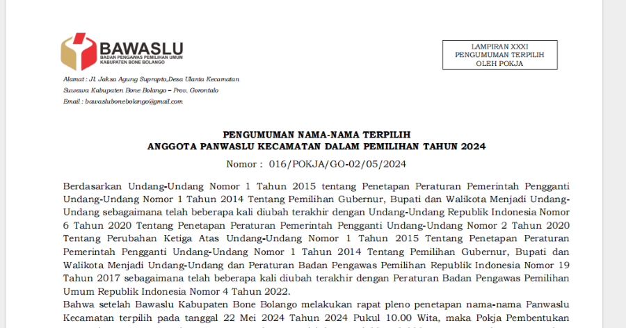 PENGUMUMAN NAMA-NAMA TERPILIH ANGGOTA PANWASLU KECAMATAN DALAM PEMILIHAN TAHUN 2024